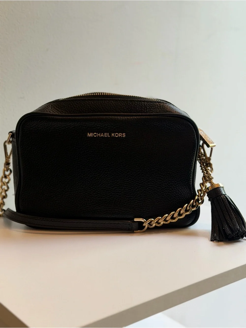 Michael Kors Black Pebbled Leather Camera Crossbody with Gold Hardware